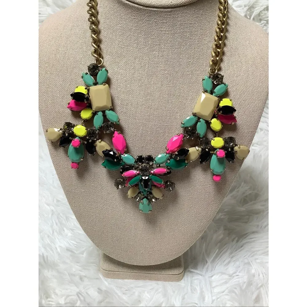 J.Crew Gold Tone Mixed Crystal Statement Bib Necklace Vintage Whimsigoth F15-23